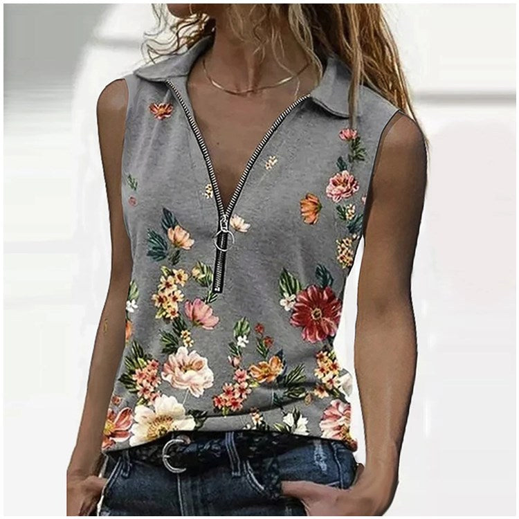 Floral Zip Slim Top Valentina Lo Bello Sleeveless Blouse