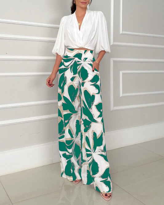 Completo da donna Socialite con pantaloni a gamba larga, maniche a tre quarti, stile casual e alla moda.