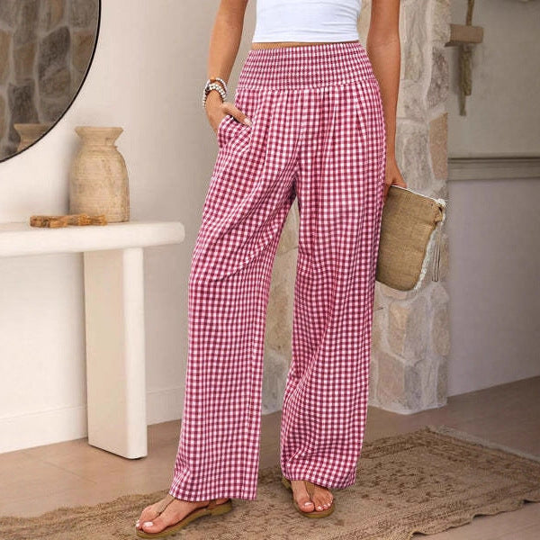 Pantaloni casual a quadri da donna, vestibilità ampia, gamba larga, con tasche.