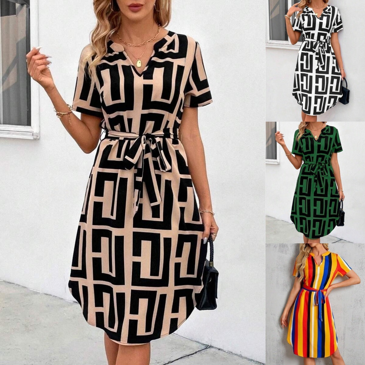Chic Striped Valentina Lo Bello V-Neck Midi Dress