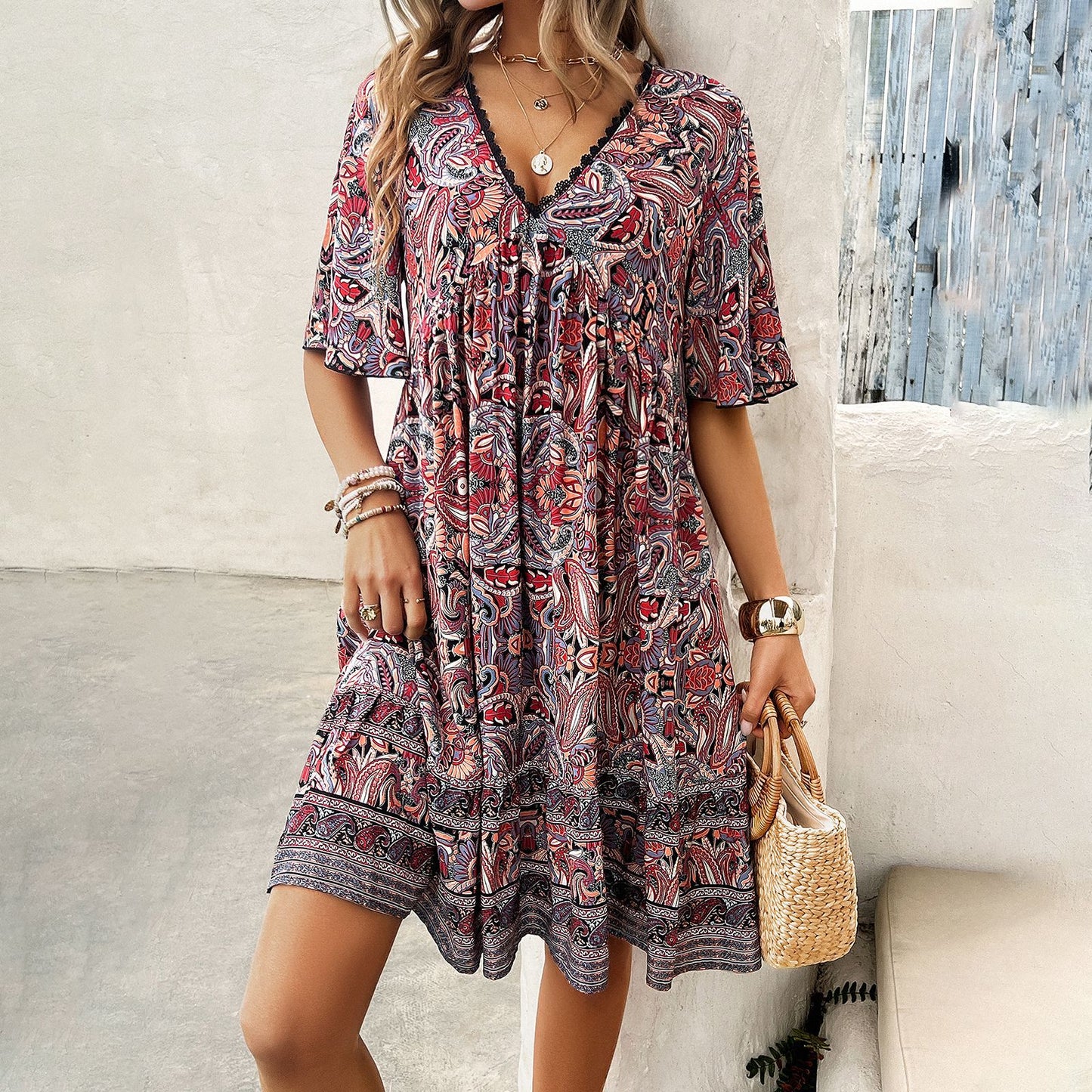 Boho Printed V-Neck Dress by Valentina Lo Bello