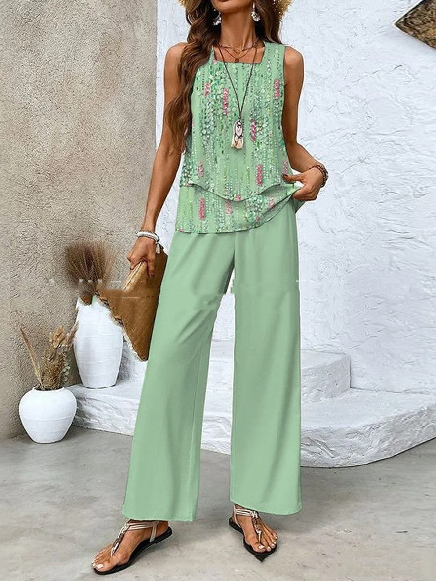 Completo stampato composto da gilet senza maniche a doppio strato e pantaloni dritti larghi (abbigliamento donna)