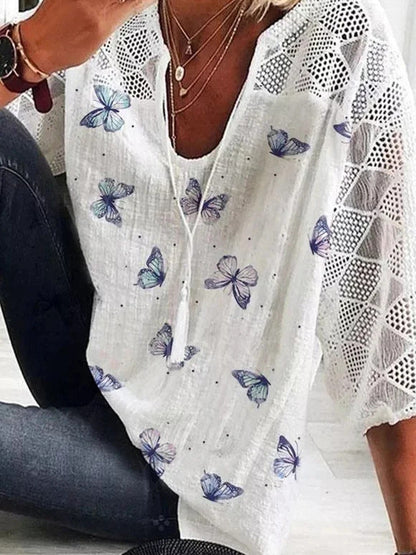Boho Butterfly Print Valentina Lo Bello V-Neck Blouse