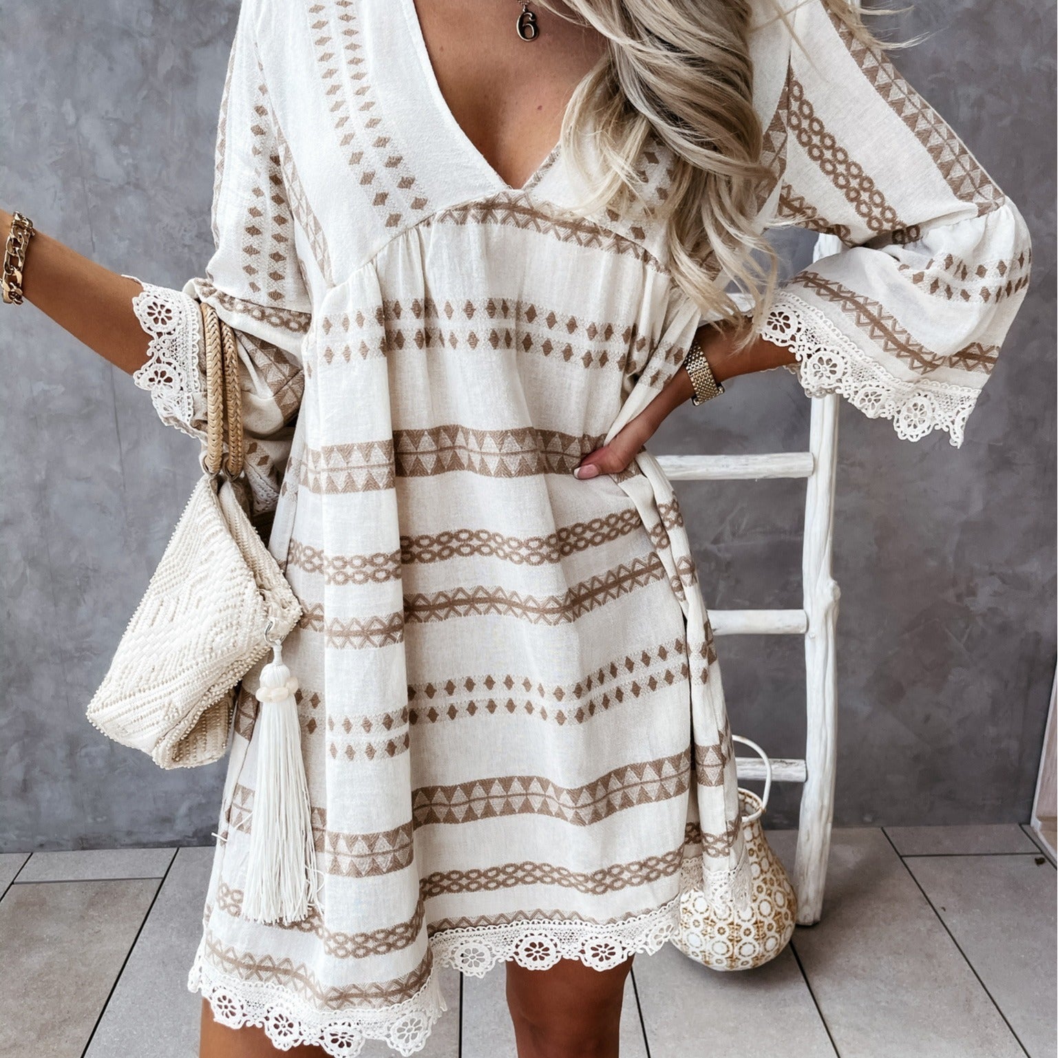 Boho Lace Cuff Dress Valentina Lo Bello Summer V-Neck