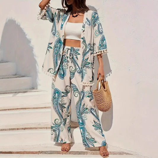 Chic Printed Valentina Lo Bello Cardigan Pants Set