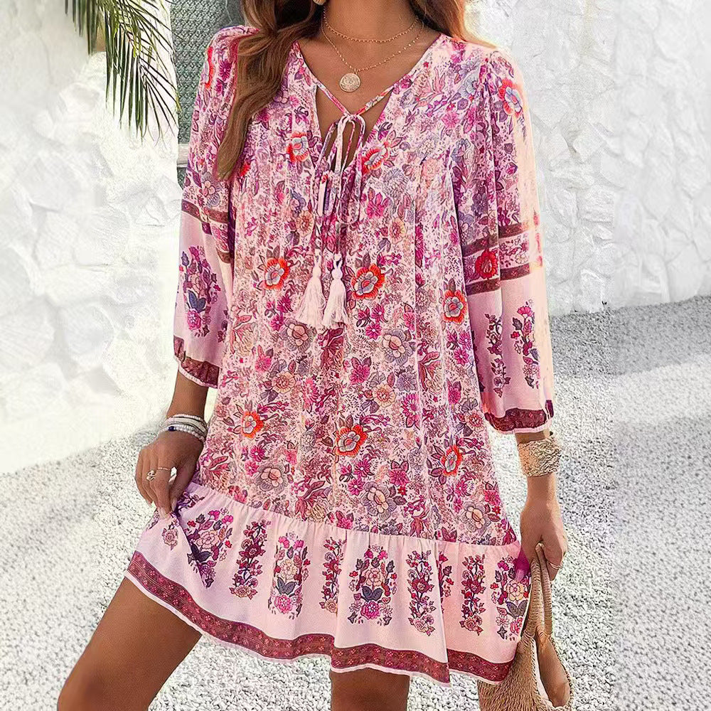 Bohemian Floral Valentina Lo Bello V-Neck Midi Dress