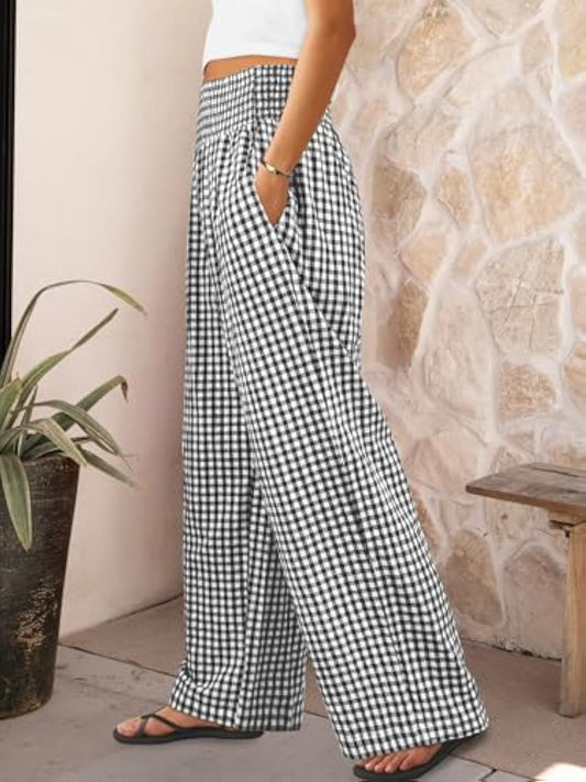 Pantaloni casual a quadri da donna, vestibilità ampia, gamba larga, con tasche.