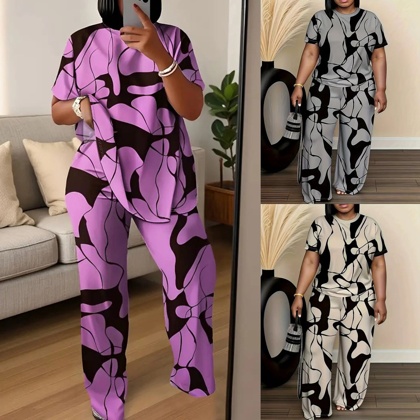 Completo da salotto a due pezzi con stampa astratta, taglie forti, di Valentina Lo Bello.