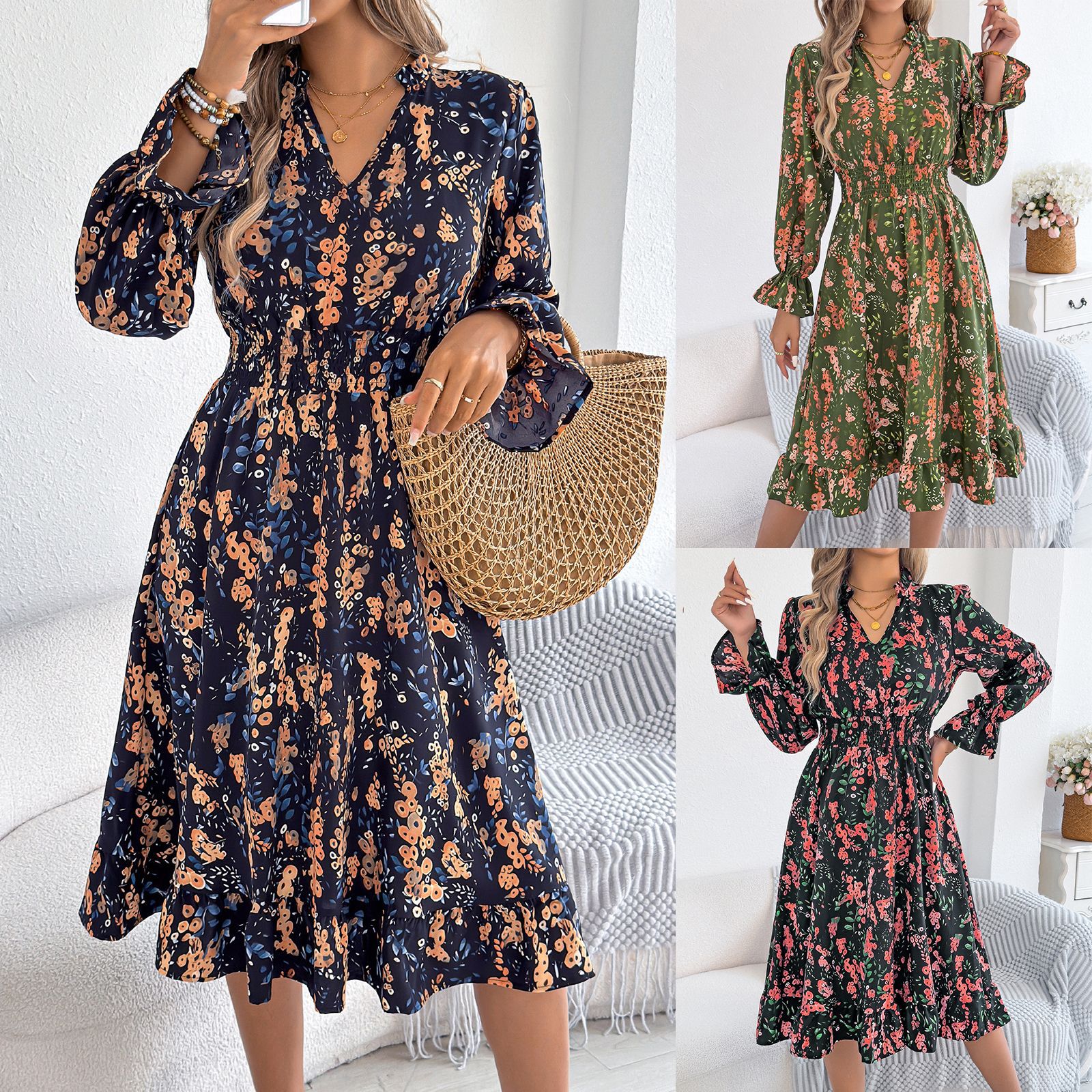 Floral Bell Sleeve Valentina Lo Bello Midi Dress