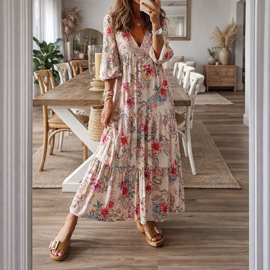 Abito maxi con scollo a V Boho Floral Valentina Lo Bello