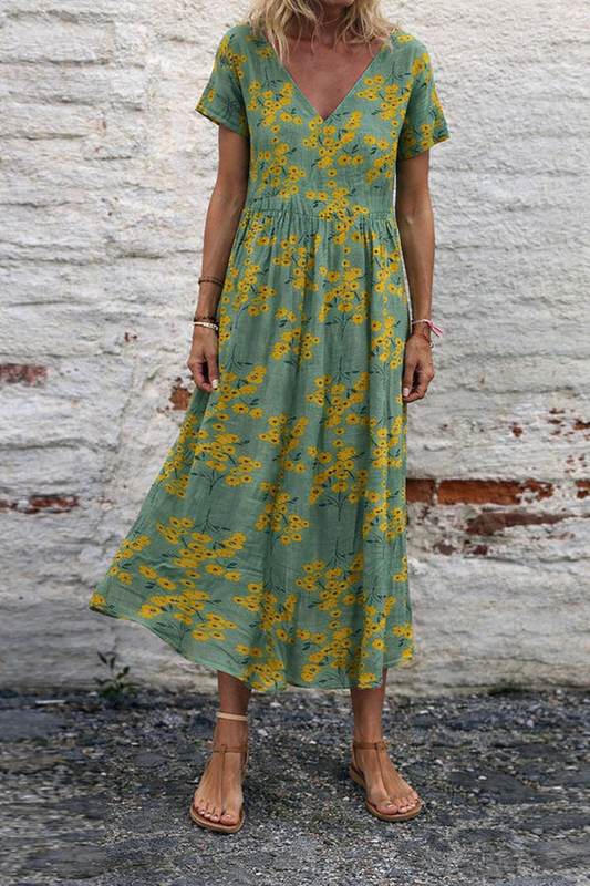 Abito lungo con scollo a V e stampa floreale in cotone di Valentina Lo Bello