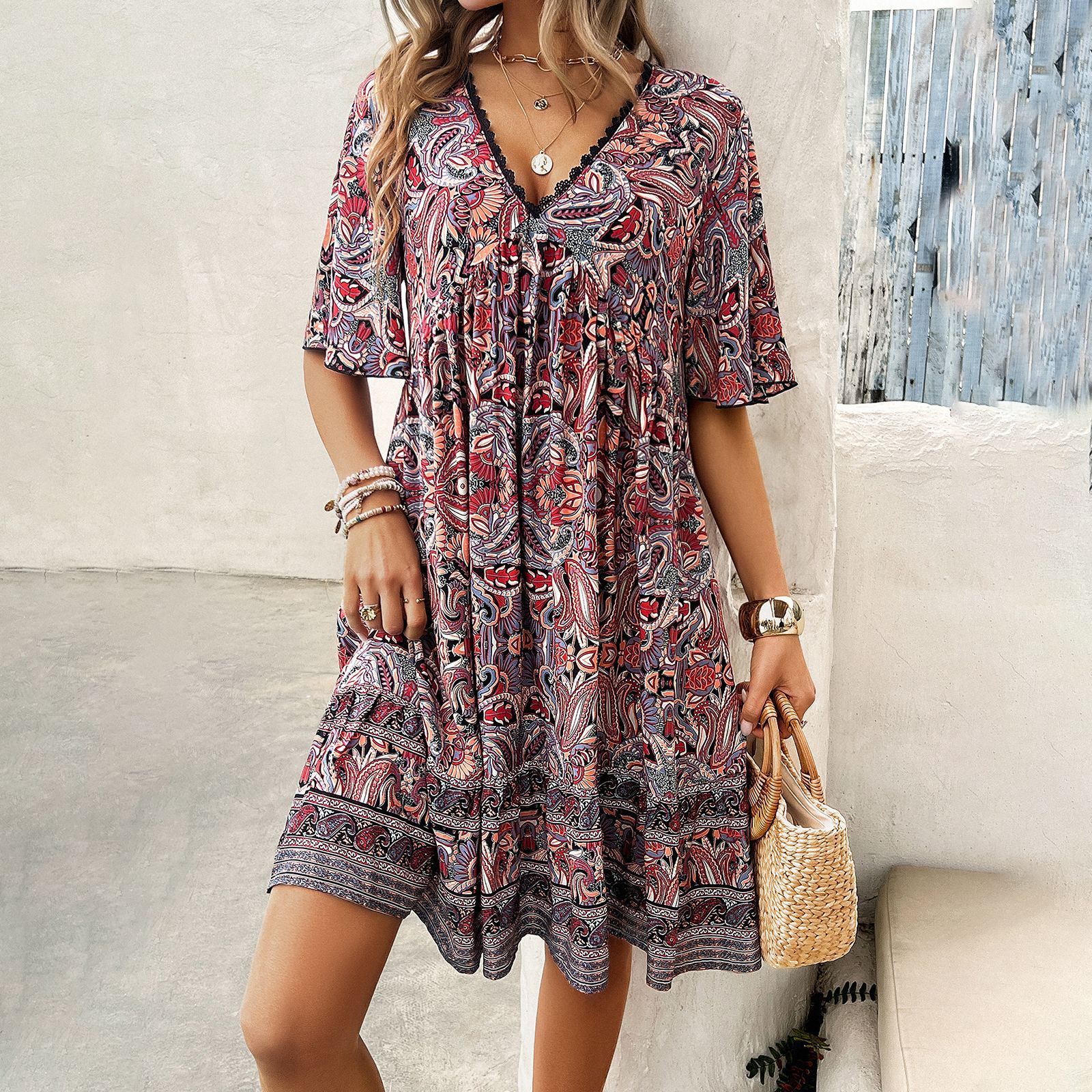 Boho Printed V-Neck Dress by Valentina Lo Bello