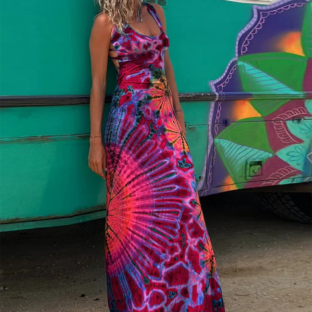 Vibrant Geometric Valentina Lo Bello Backless Maxi Dress