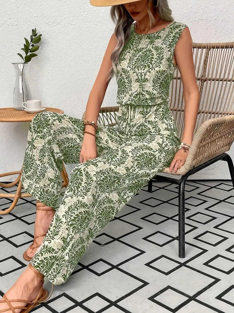 Completo da donna composto da top senza maniche stampato e pantaloni a gamba larga.